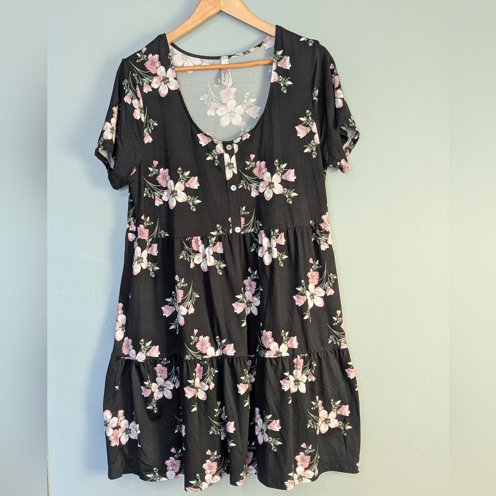 Guilty Floral Black Shirt Sleeve Tiered Baby Doll‎ Dress Dark Coquette